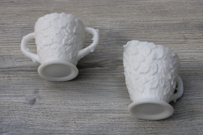 photo of vintage Westmoreland milk glass creamer & sugar, thorn handle bramble pattern #2