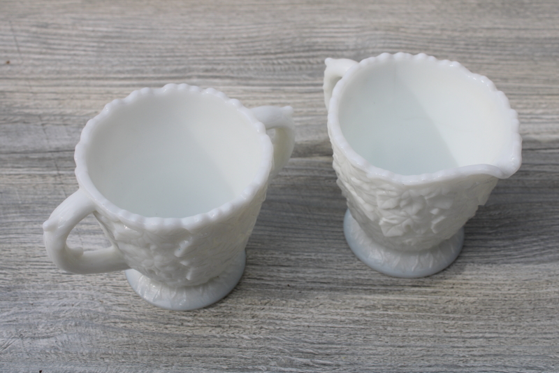 photo of vintage Westmoreland milk glass creamer & sugar, thorn handle bramble pattern #3