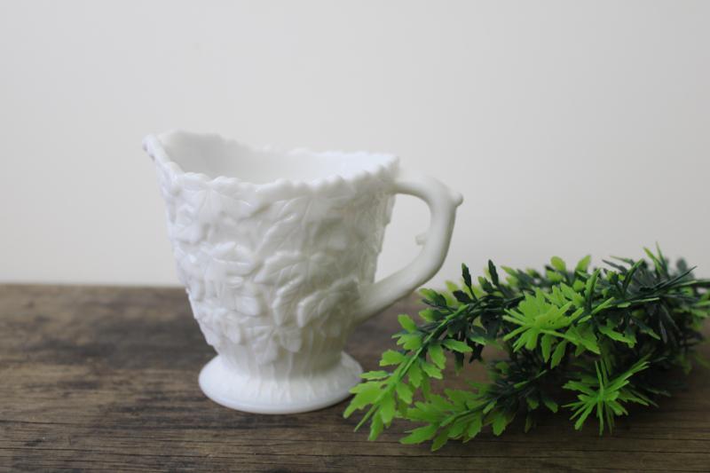 photo of vintage Westmoreland milk glass creamer, thorn handle bramble pattern #1