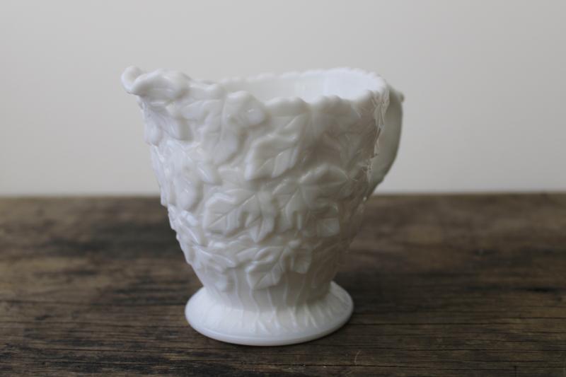 photo of vintage Westmoreland milk glass creamer, thorn handle bramble pattern #3