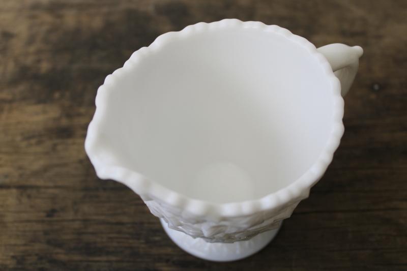 photo of vintage Westmoreland milk glass creamer, thorn handle bramble pattern #4