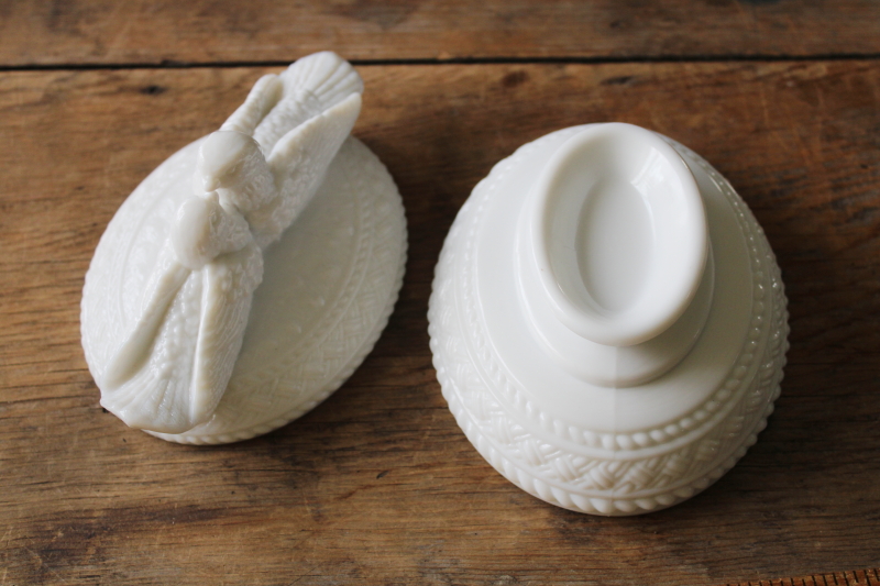photo of vintage Westmoreland milk glass doves on nest covered dish, candy dish wedding decor  #6