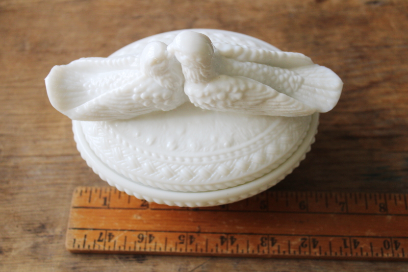 photo of vintage Westmoreland milk glass doves on nest covered dish, candy dish wedding decor  #7