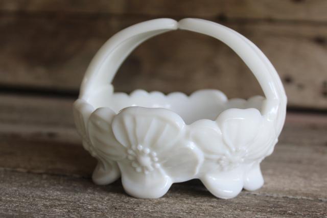 photo of vintage Westmoreland milk glass flower basket, pansy or wild rose pattern #1