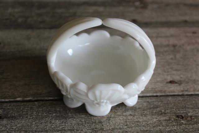 photo of vintage Westmoreland milk glass flower basket, pansy or wild rose pattern #2