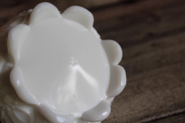 photo of vintage Westmoreland milk glass flower basket, pansy or wild rose pattern #3