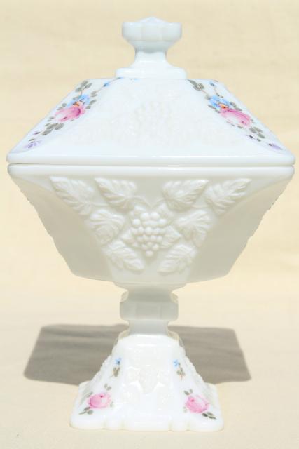 photo of vintage Westmoreland milk glass, hand painted roses & bows paneled grape wedding box #1