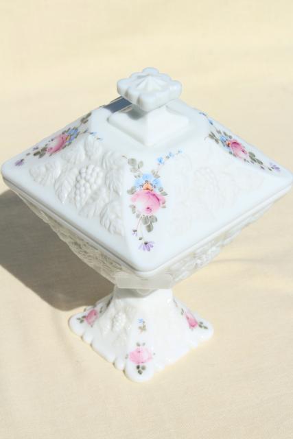 photo of vintage Westmoreland milk glass, hand painted roses & bows paneled grape wedding box #2