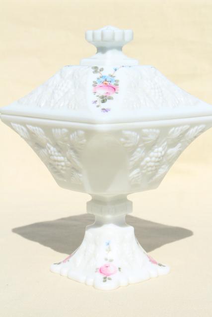 photo of vintage Westmoreland milk glass, hand painted roses & bows paneled grape wedding box #3