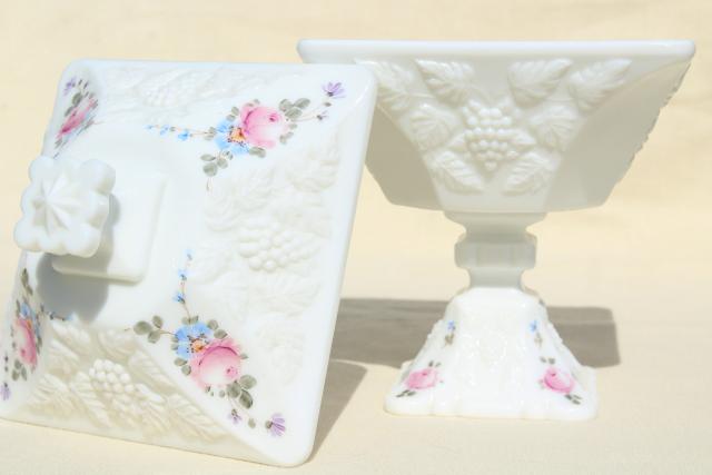 photo of vintage Westmoreland milk glass, hand painted roses & bows paneled grape wedding box #4