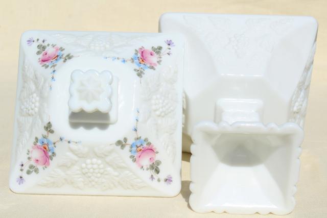 photo of vintage Westmoreland milk glass, hand painted roses & bows paneled grape wedding box #9