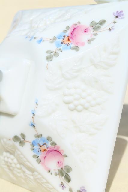 photo of vintage Westmoreland milk glass, hand painted roses & bows paneled grape wedding box #10