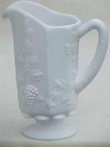 photo of vintage Westmoreland milk glass juice pitcher, paneled grape pattern #1