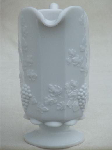 photo of vintage Westmoreland milk glass juice pitcher, paneled grape pattern #2