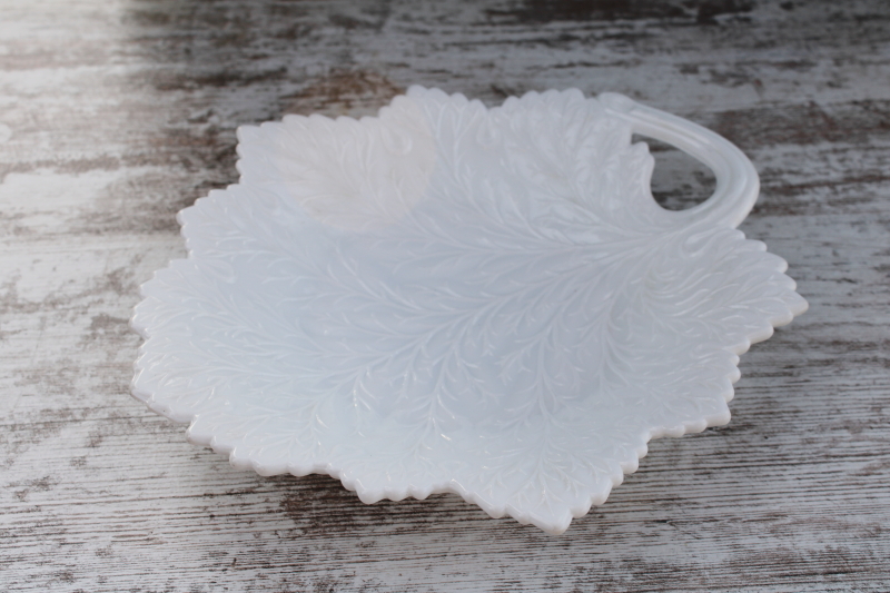 photo of vintage Westmoreland milk glass, large maple leaf shape serving plate or tray #1