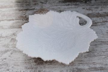 catalog photo of vintage Westmoreland milk glass, large maple leaf shape serving plate or tray