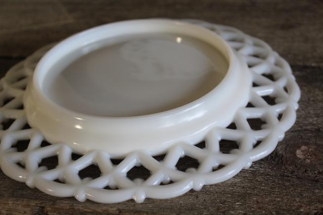 photo of vintage Westmoreland milk glass, open lace edge plates forget me not flower lattice #3