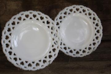 catalog photo of vintage Westmoreland milk glass, open lace edge plates forget me not flower lattice