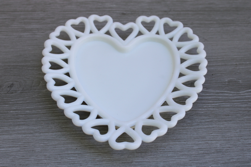 photo of vintage Westmoreland milk glass plate heart shape open lace edge, Valentine or wedding decor  #1