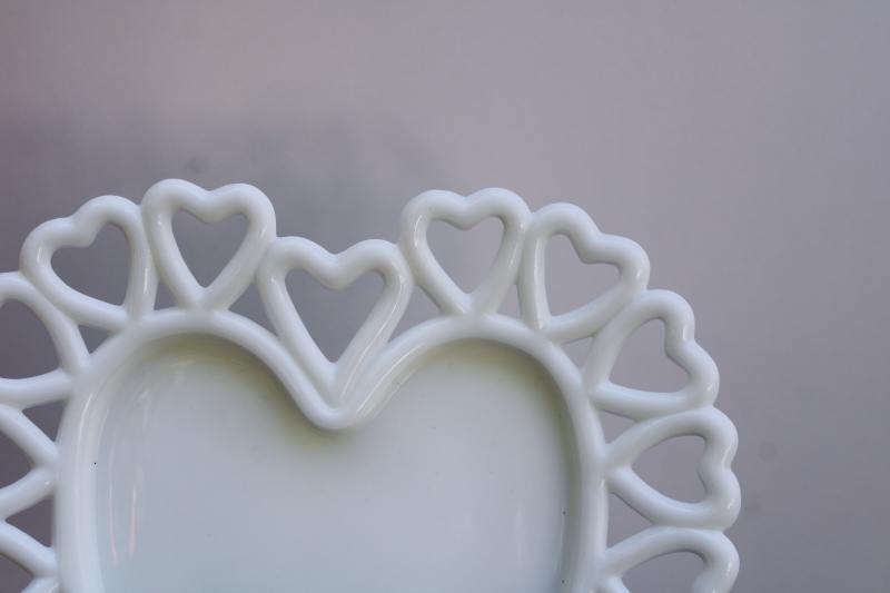 photo of vintage Westmoreland milk glass plate heart shape open lace edge, Valentine or wedding decor  #2
