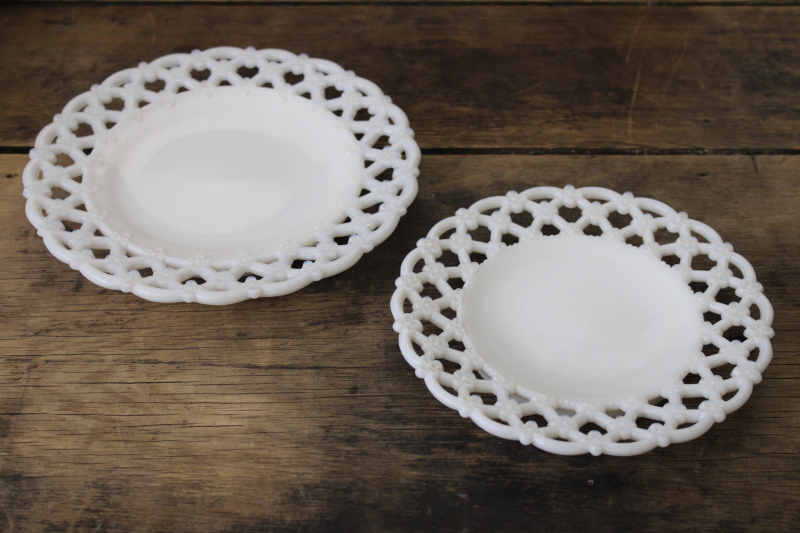 photo of vintage Westmoreland milk glass plates, forget me not flower lattice open lace edge #1