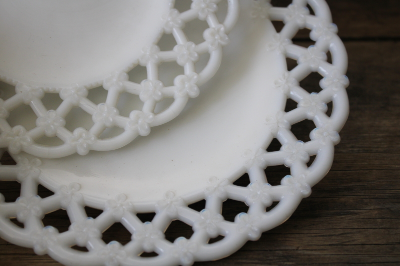 photo of vintage Westmoreland milk glass plates, forget me not flower lattice open lace edge #2