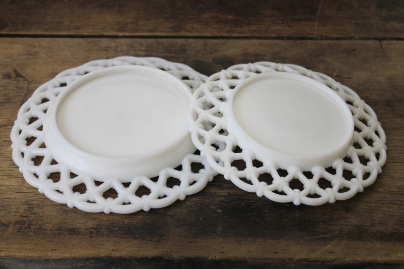 photo of vintage Westmoreland milk glass plates, forget me not flower lattice open lace edge #3