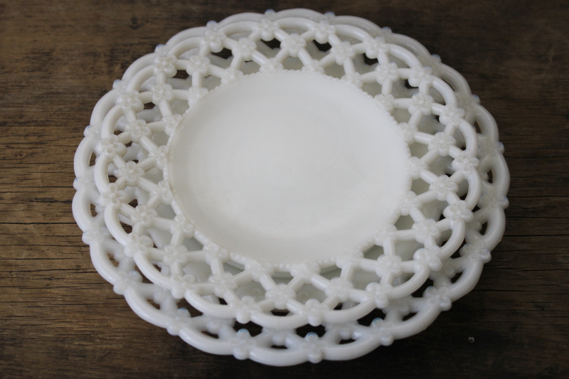 photo of vintage Westmoreland milk glass plates, forget me not flower lattice open lace edge #4