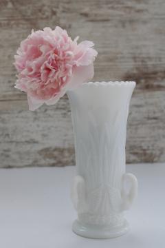 catalog photo of vintage Westmoreland milk glass three swans, swan & cattail pattern vase 