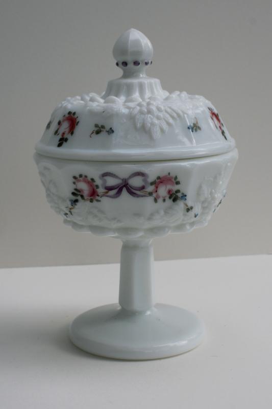 photo of vintage Westmoreland paneled grape hand painted milk glass candy dish w/ lid #1