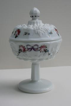 catalog photo of vintage Westmoreland paneled grape hand painted milk glass candy dish w/ lid