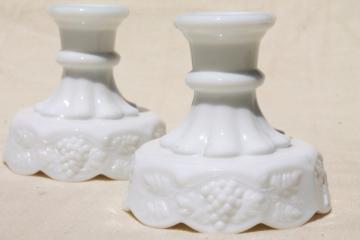 catalog photo of vintage Westmoreland paneled grape milk glass, pair of low candlesticks w/ grapes