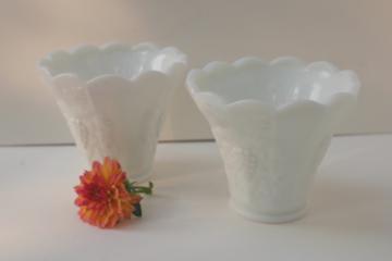 catalog photo of vintage Westmoreland paneled grape milk glass, pair of planters or flower vases