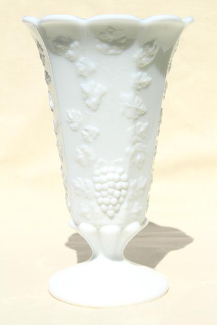 photo of vintage Westmoreland paneled grape milk glass vase, tall vase w/ embossed grapes #1