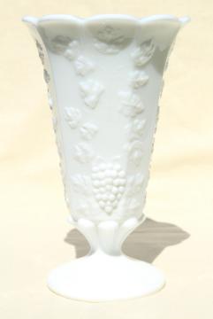 catalog photo of vintage Westmoreland paneled grape milk glass vase, tall vase w/ embossed grapes