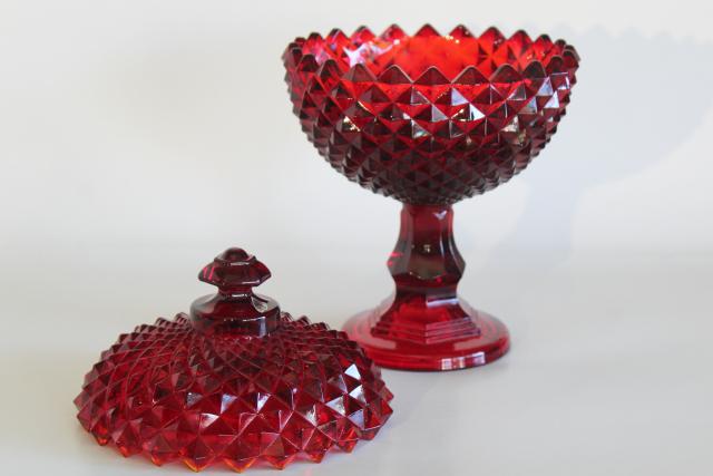 photo of vintage Westmoreland ruby red glass Sawtooth pattern covered compote diamond point #5