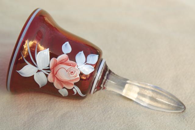 photo of vintage Westmoreland ruby rose glass bell, artist signed hand painted enamel #5