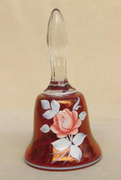 catalog photo of vintage Westmoreland ruby rose glass bell, artist signed hand painted enamel