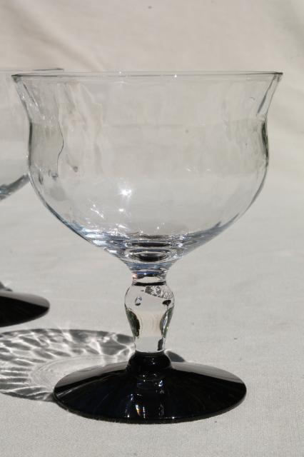 photo of vintage Weston glass champagne glasses, ebony black stems / crystal clear optic glass champagnes #2