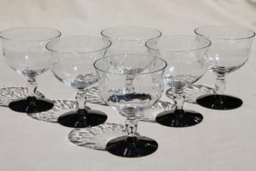 catalog photo of vintage Weston glass champagne glasses, ebony black stems / crystal clear optic glass champagnes