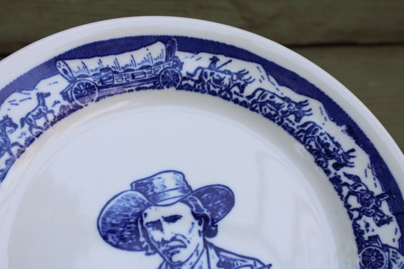 photo of vintage Westward Ho Pioneer Trails restaurant china child's plate rare blue Kit Carson covered wagons  #2