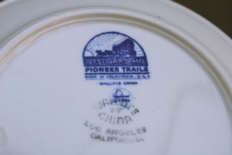 photo of vintage Westward Ho Pioneer Trails restaurant china child's plate rare blue Kit Carson covered wagons  #4