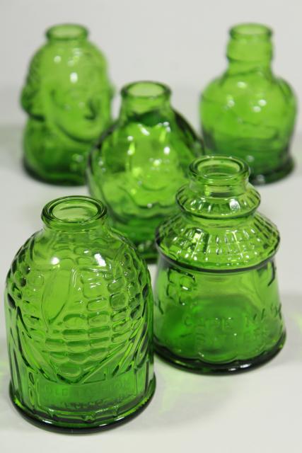 photo of vintage Wheaton bottles, green glass reproduction flasks, mini bottle collection #1