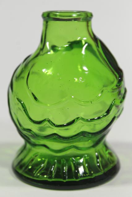 photo of vintage Wheaton bottles, green glass reproduction flasks, mini bottle collection #2