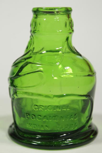 photo of vintage Wheaton bottles, green glass reproduction flasks, mini bottle collection #7