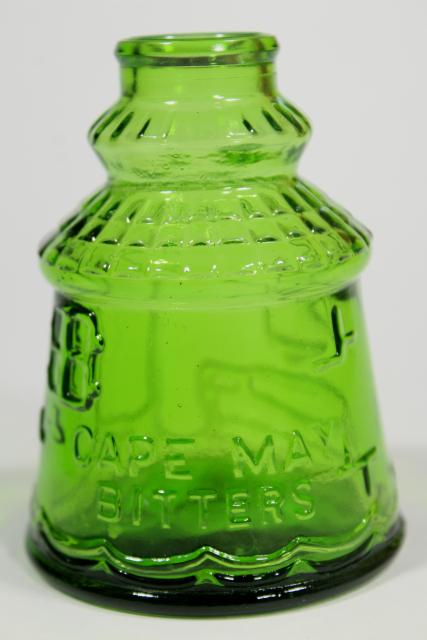 photo of vintage Wheaton bottles, green glass reproduction flasks, mini bottle collection #12