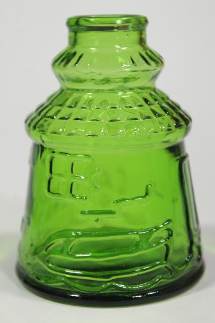 photo of vintage Wheaton bottles, green glass reproduction flasks, mini bottle collection #13