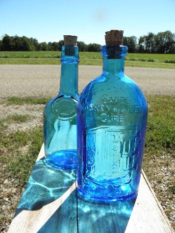 photo of vintage Wheaton decanter bottles, blue glass medicine & liquor bottle lot #1