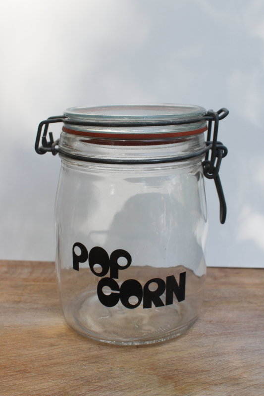 photo of vintage Wheaton glass canister Pop Corn mod typography print hermetic bail jar #1