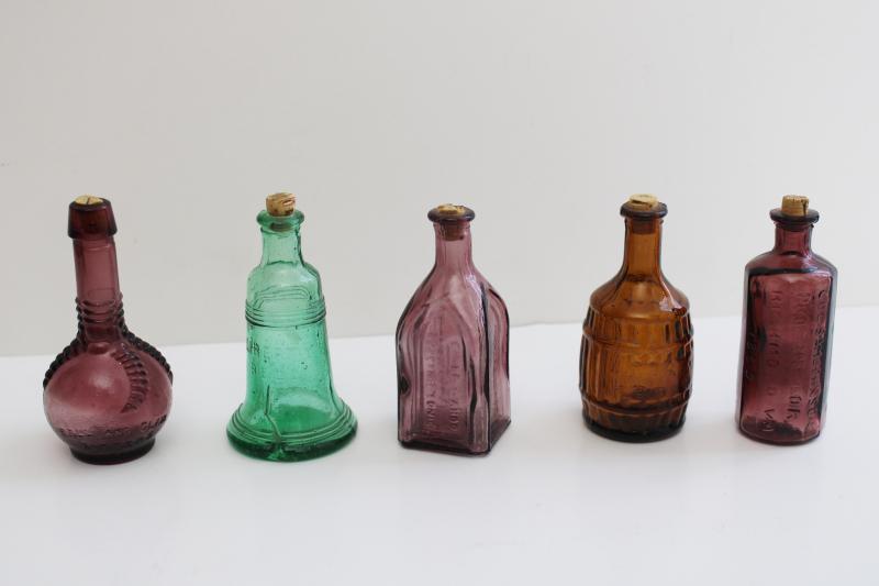 photo of vintage Wheaton style mini bottles, antique decanter reproductions colored glass bottles #1